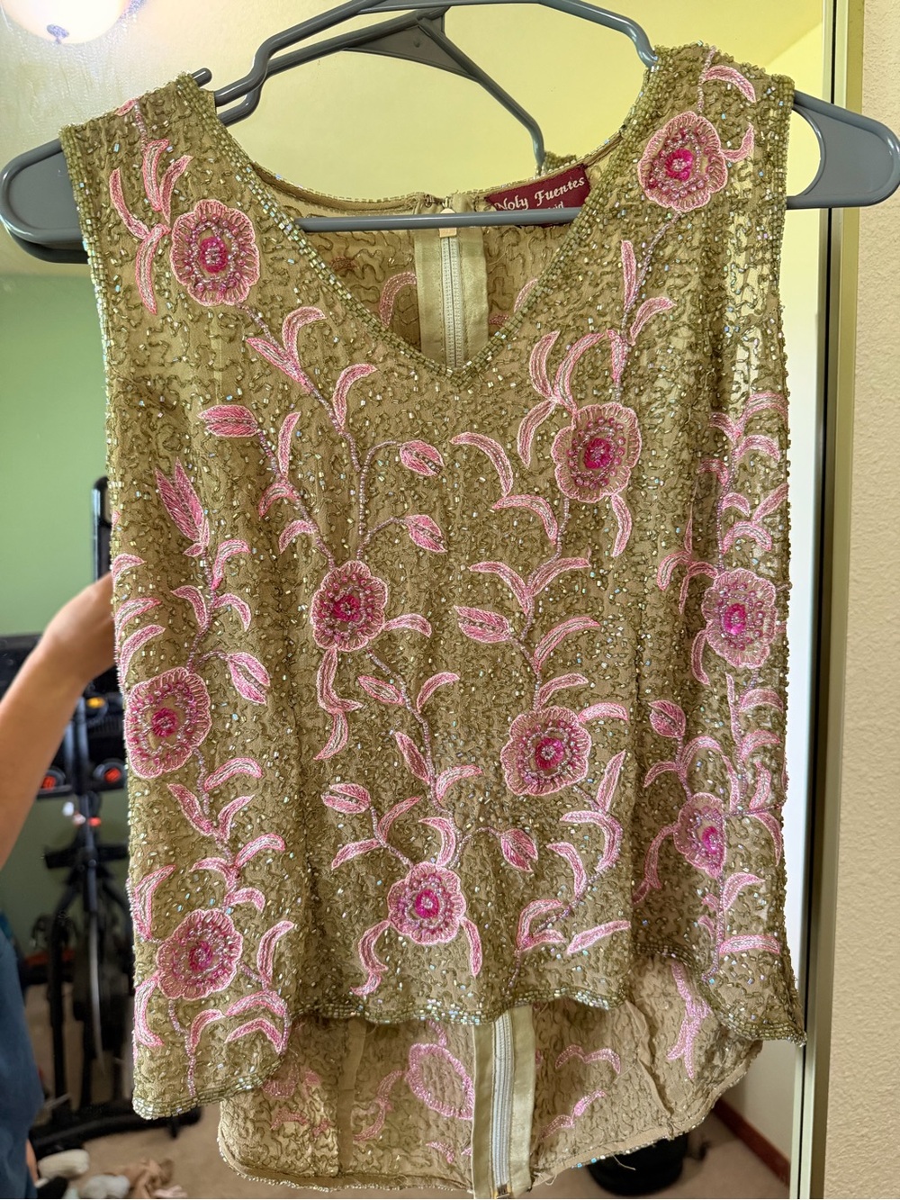 Boho Garden Fairy Beaded Floral Sleeveless Blouse - Pink on Olive - Picture 2 of 4